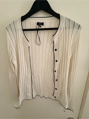 PINKO White Ribbed Button-Front Cardigan with Black Trim